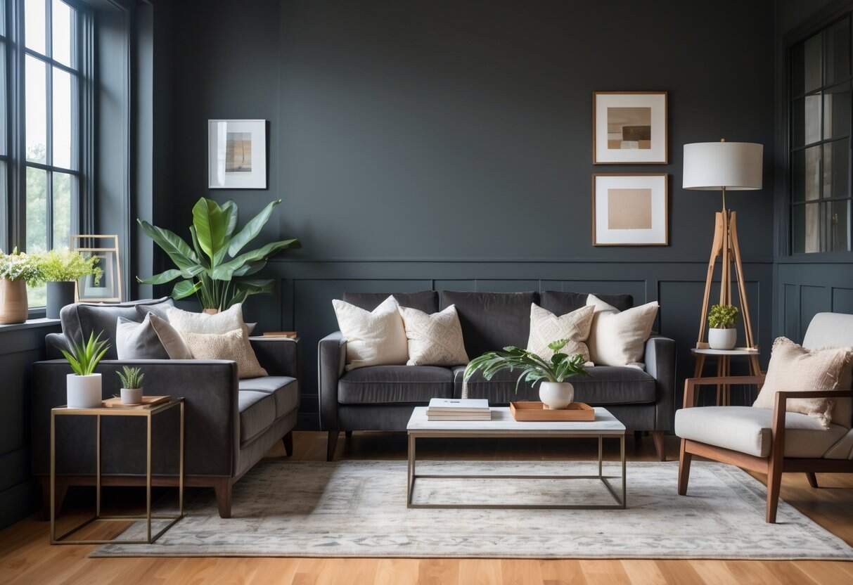 A cozy living room with dark gray walls, wooden furniture, and soft natural light coming through large windows.