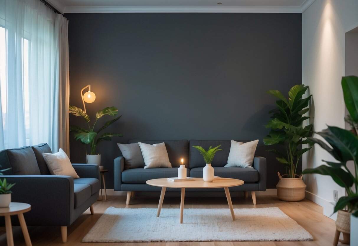 A modern living room with dark gray walls, a gray sofa, wooden coffee table, green plants, and natural light coming through a window.