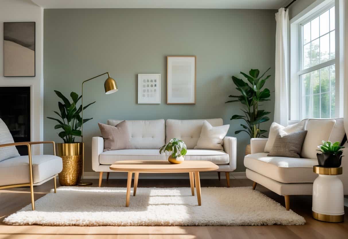 A living room with muted sage colored walls, a beige sofa, wooden coffee table, green plants, and natural light.