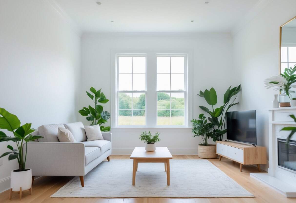 A bright living room with white walls, a gray sofa, wooden coffee table, and green plants near large windows.