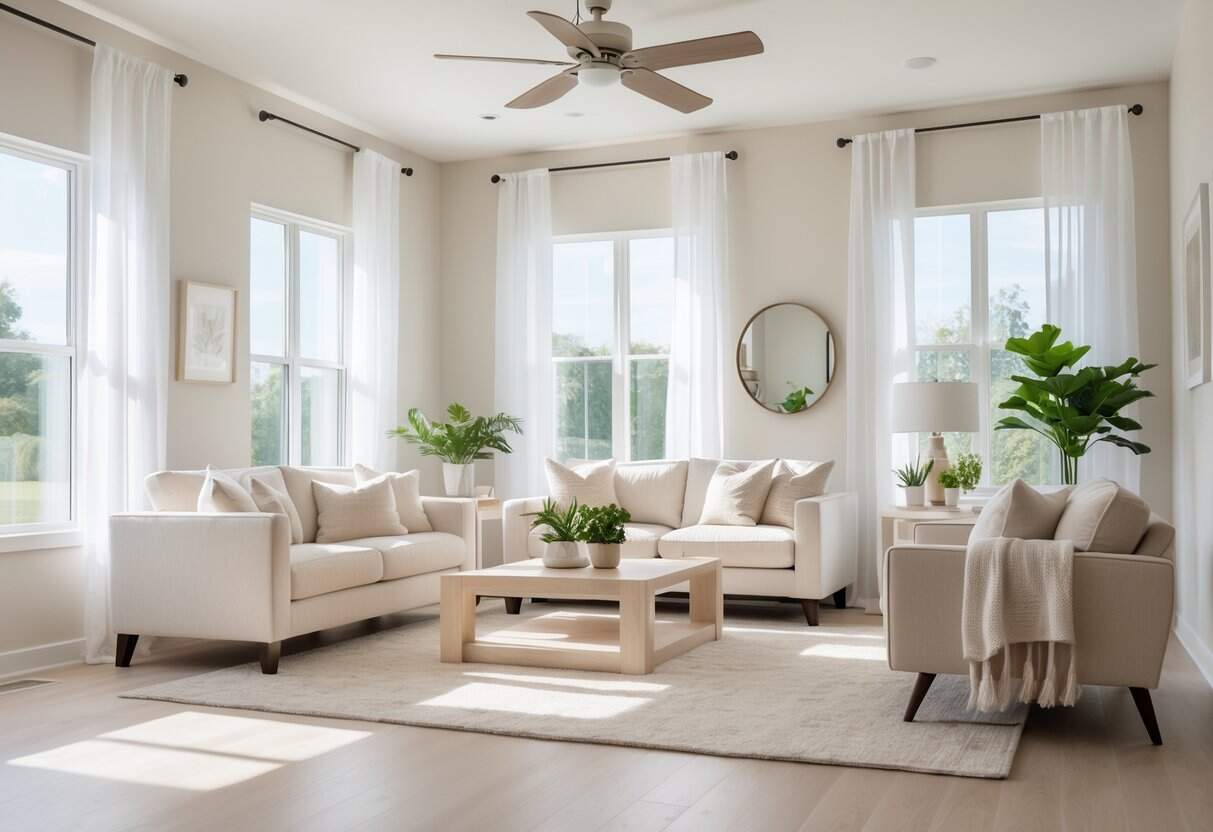 A bright living room with white walls, a cream sofa, light wood furniture, green plants, and large windows letting in natural light.