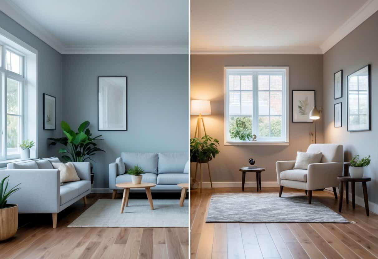 Two adjacent rooms side by side showing different shades of gray paint on the walls with furniture and natural lighting.